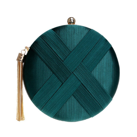 Braided Satin Round Clutch Bag with Gold Tassel