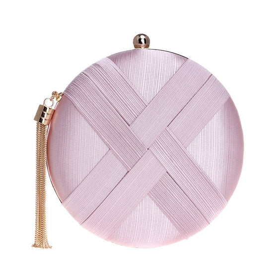 Braided Satin Round Clutch Bag with Gold Tassel
