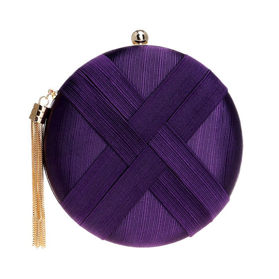 Braided Satin Round Clutch Bag with Gold Tassel