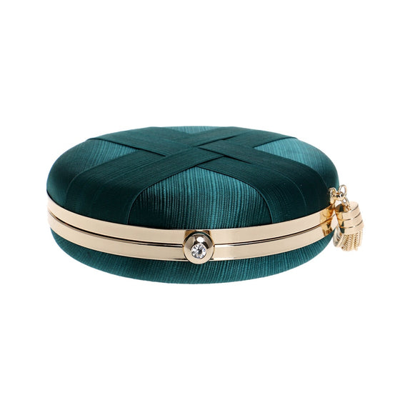 Braided Satin Round Clutch Bag with Gold Tassel