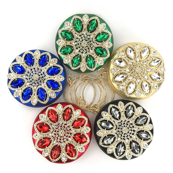 Round Jewel Tone Satin Rhinestone Clutch