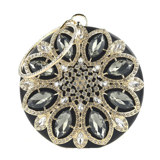 Round Jewel Tone Satin Rhinestone Clutch