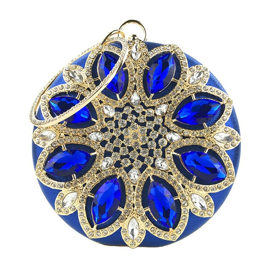 Round Jewel Tone Satin Rhinestone Clutch