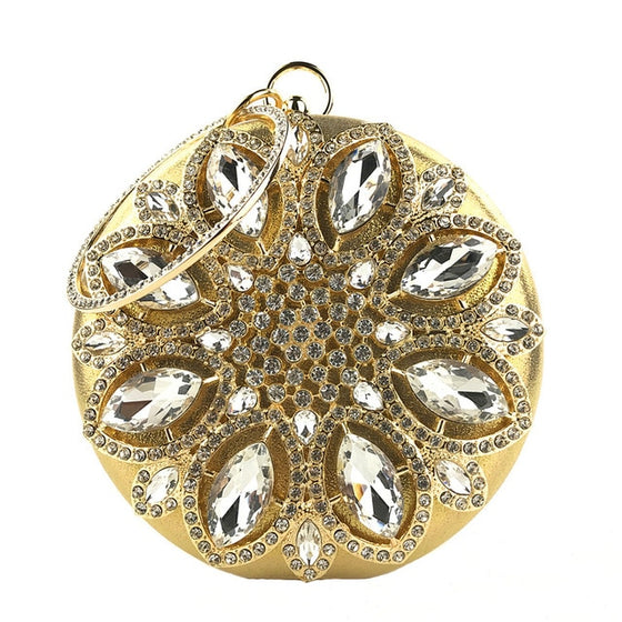 Round Jewel Tone Satin Rhinestone Clutch