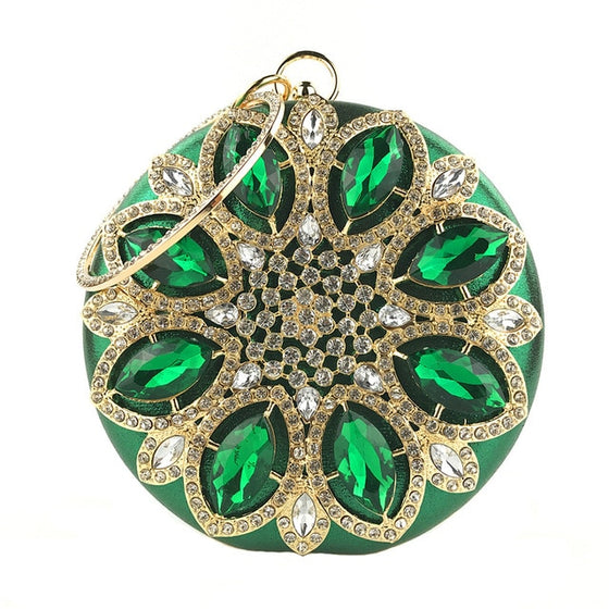 Round Jewel Tone Satin Rhinestone Clutch