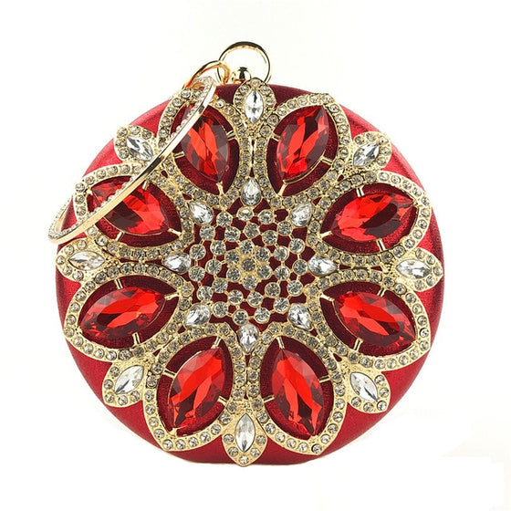 Round Jewel Tone Satin Rhinestone Clutch