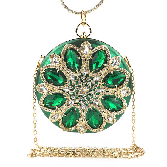 Round Jewel Tone Satin Rhinestone Clutch