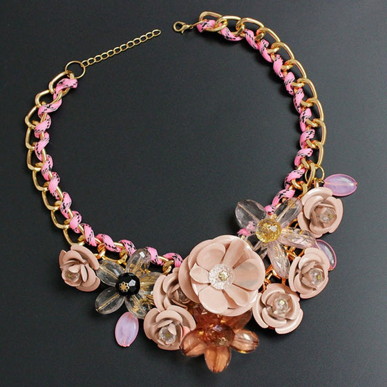 Colorful Crystal Flower Link Chain Necklace