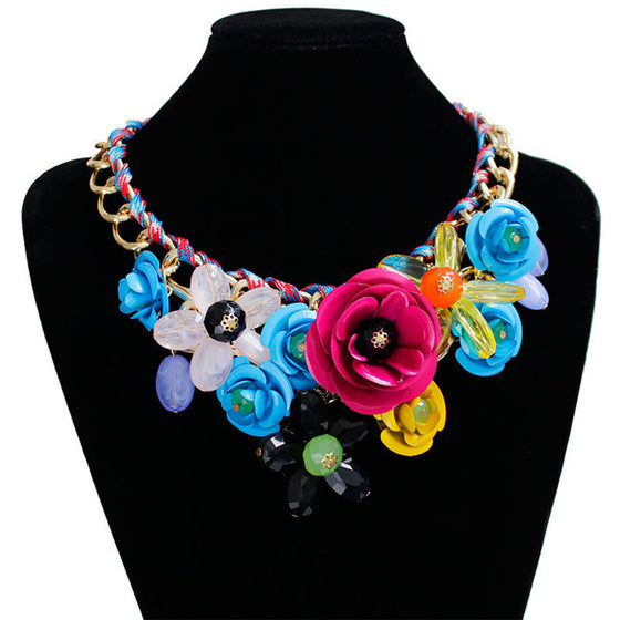 Colorful Crystal Flower Link Chain Necklace