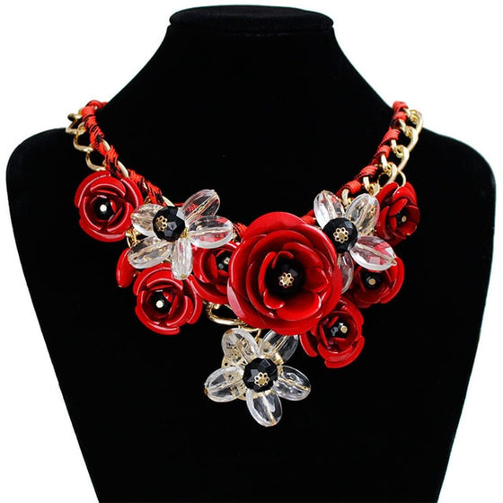 Colorful Crystal Flower Link Chain Necklace