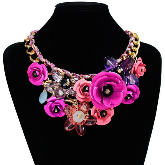Colorful Crystal Flower Link Chain Necklace