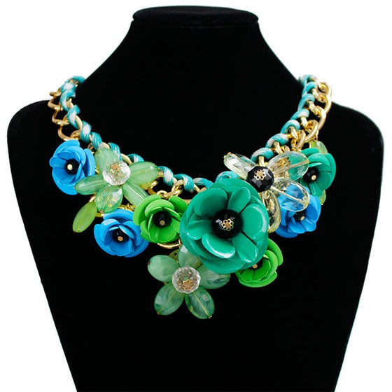 Colorful Crystal Flower Link Chain Necklace