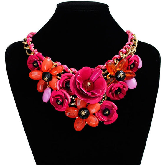 Colorful Crystal Flower Link Chain Necklace