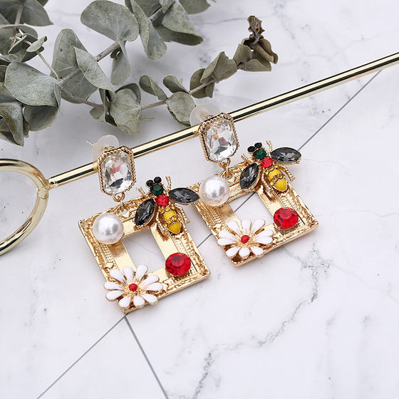 Bee with Flowers Rhinestone Square Statement Drop Earrings