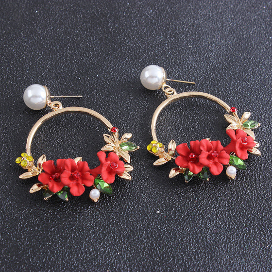 Flower Hoop and Pearl Earrings
