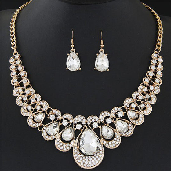 Rhinestones with Crystals Bib Statement Necklace and Earring Set