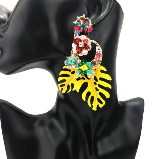 Leaf Rhinestone Sequin Drop Earrings